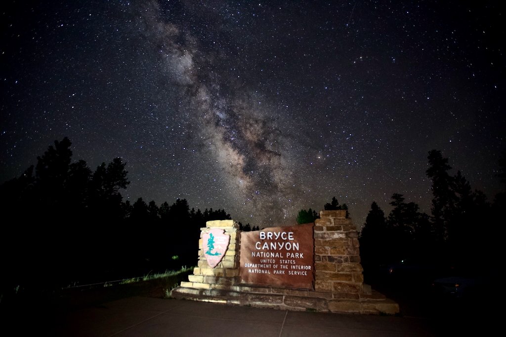 The Milky Way over the Bryce Canyon National Park entrance sign