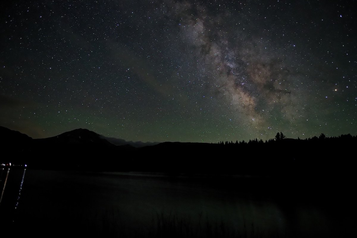 The Milky Way over a lake at Lassen Volcanic National Park