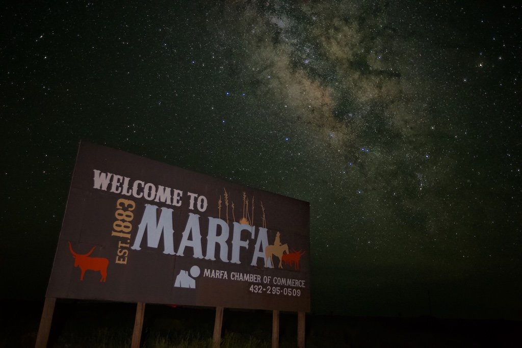 The Milky Way over the Welcome to Marfa sign in West Texas